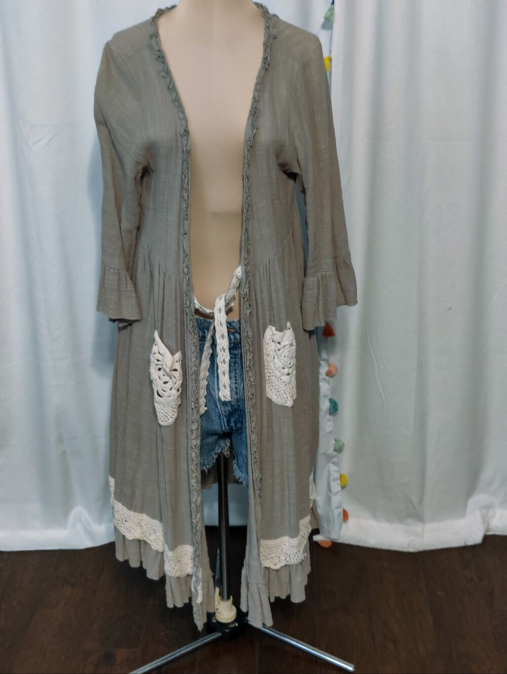 super Thin Linen Duster Cotton  Macrame Trim Pockets Tiered Flouncy Hemline S